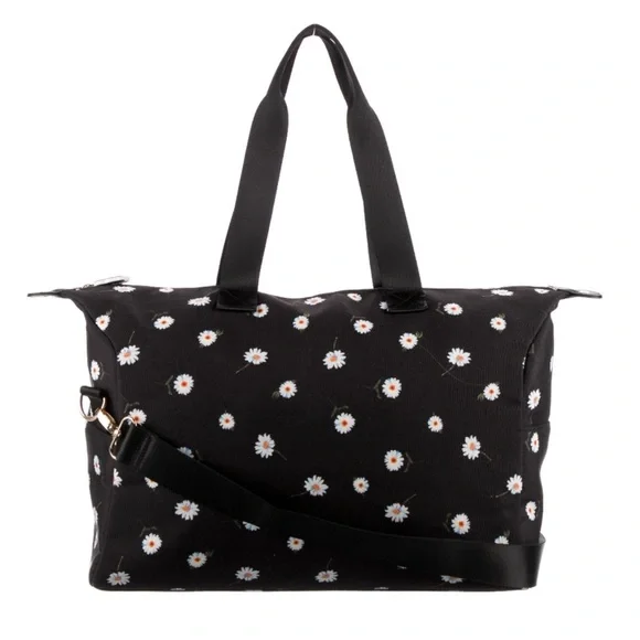 Alice + Olivia NWT Black Canvas Duffel/ Travel Bag with Daisy Print - Picture 2 of 6